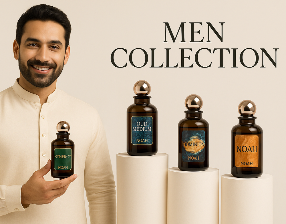 Man holding a perfume bottle with 'Men Collection' text and product names displayed.