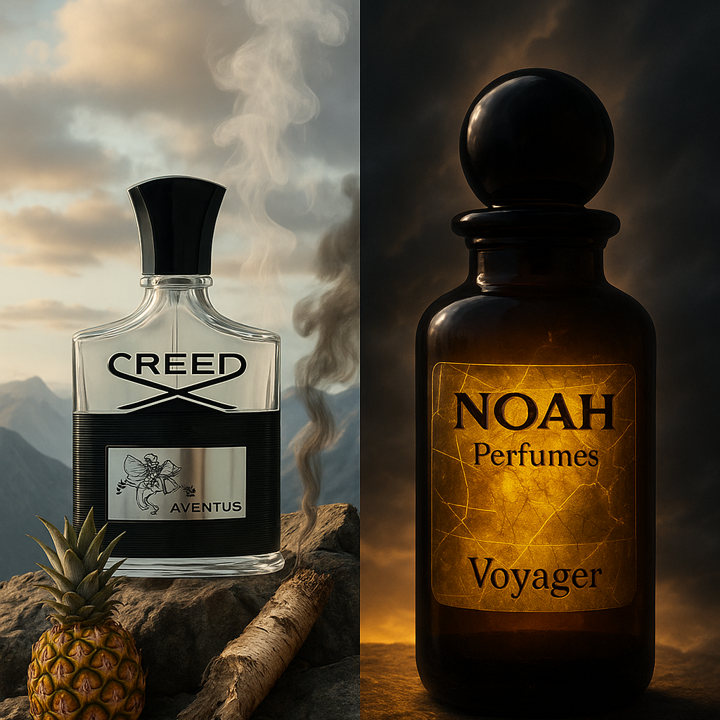 Two perfume bottles, one by Creed and the other by Noah Perfumes, with a scenic background.