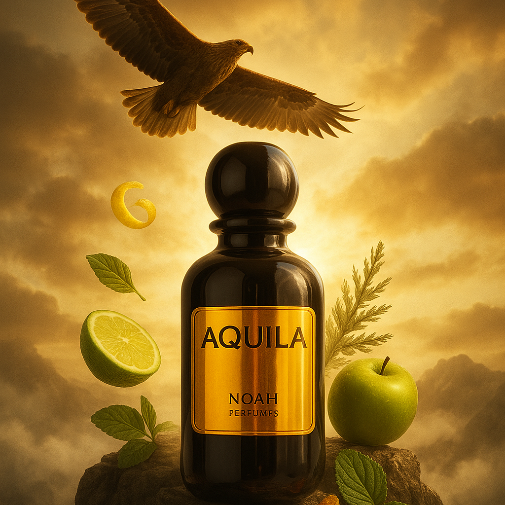 Bottle of Aquila Noah perfume with an eagle, apple, and lime on a rocky outcrop against a dramatic sky.