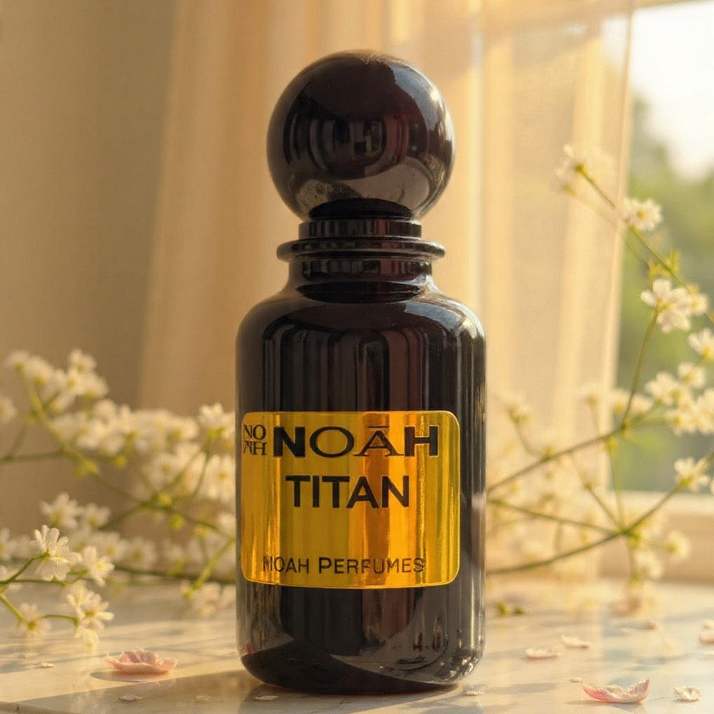 NOAH Titan perfume bottle on a marble surface with flowers in the background